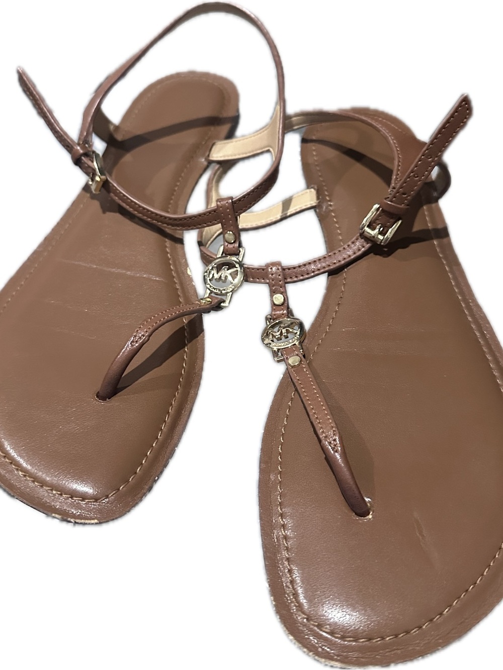 Michael Kors Brown Leather T-Strap Sandals with Gold Logo Hardware